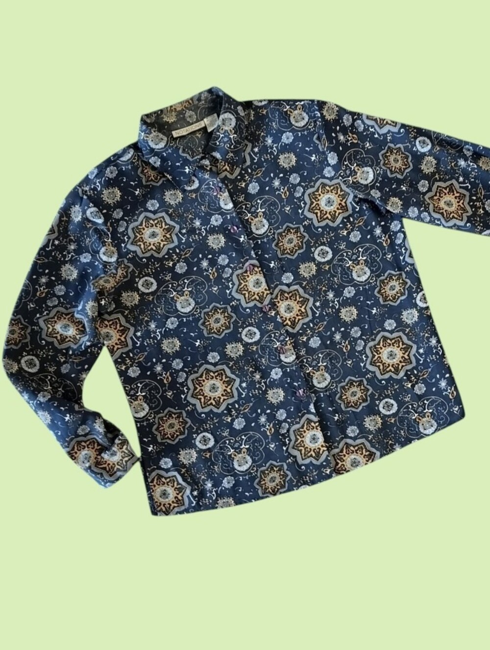 Notations Women’s Long Sleeve Button-Up Blouse Size 14 – Blue Medallion Print L